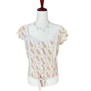 NWT Self Esteem Crochet-Trim Tie-Front Top Petal Sleeve Cream/Tan Small